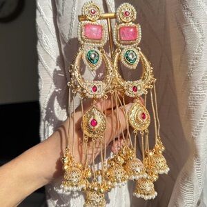Kashmiri Elegant Gold and Pink Chandelier Earrings